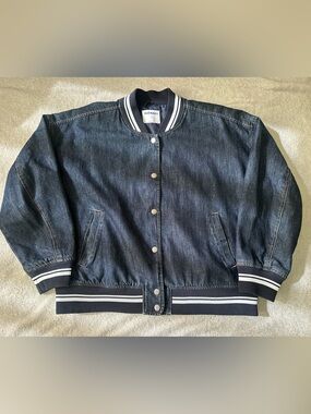 Old Navy Navy Denim Varsity Bomber Jacket with Stripe Trim